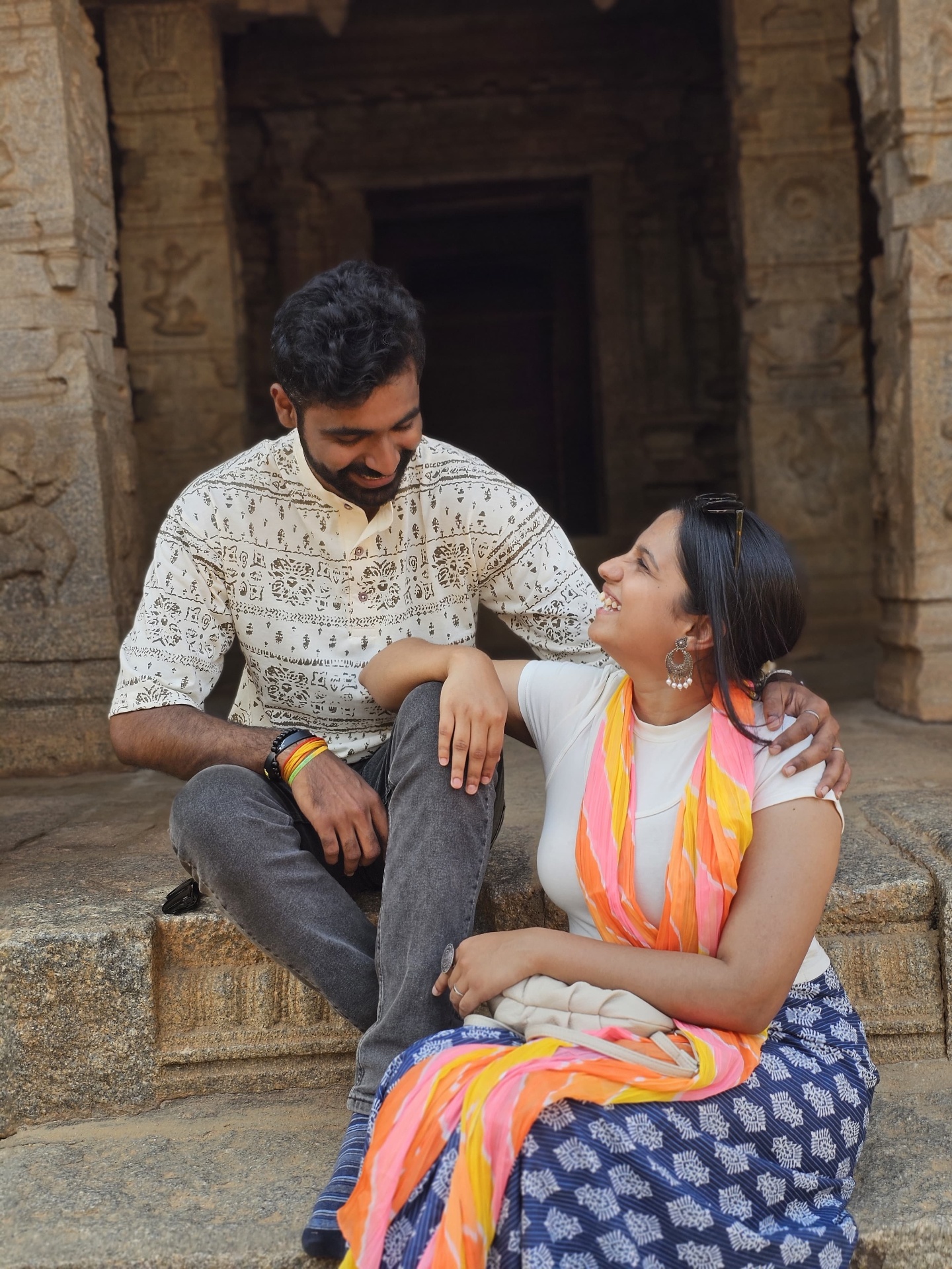 Nikita and Pranav at Hampi temple